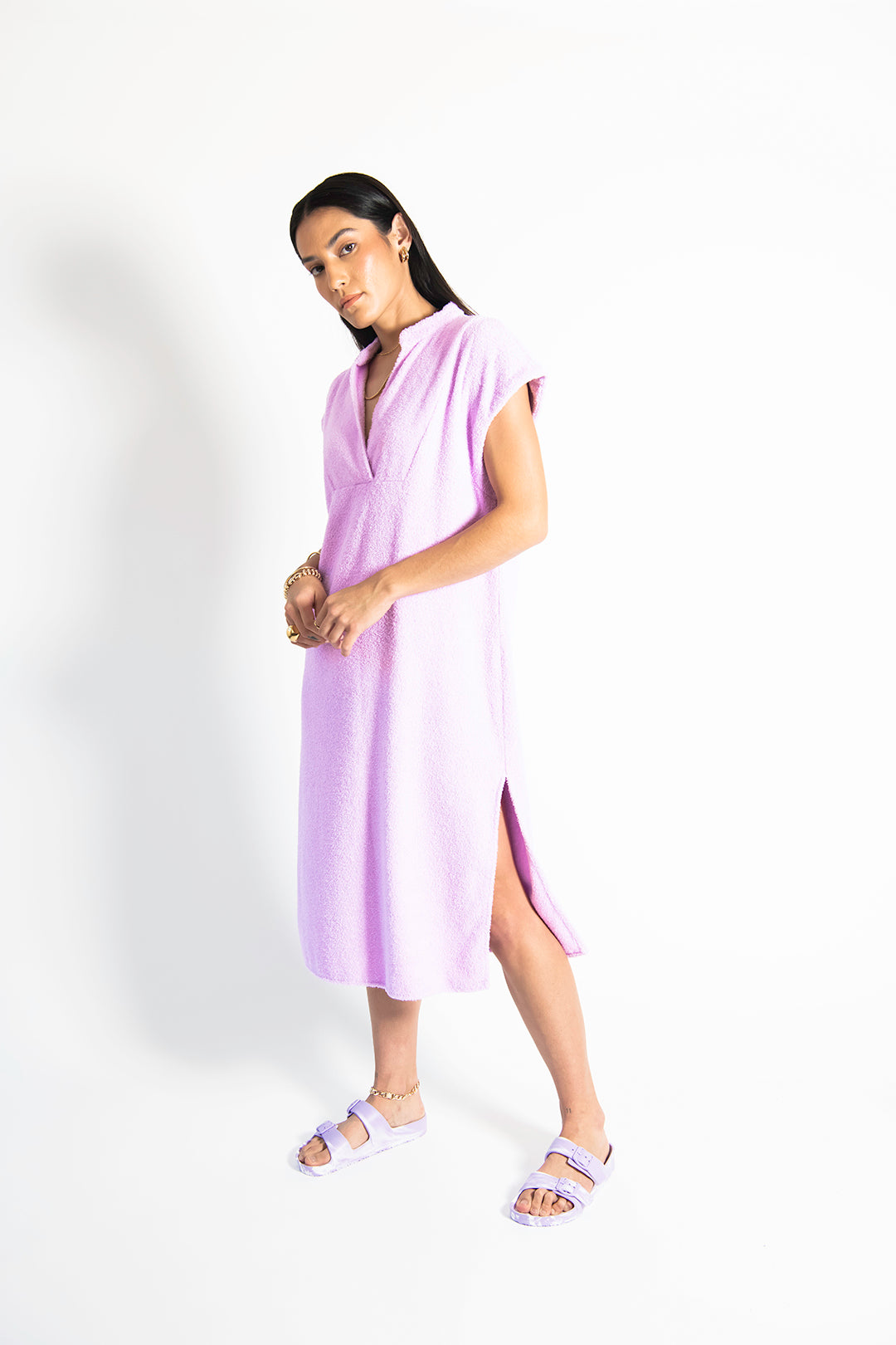 ELY <br> Towel Side Slit V Collar Midi Dress